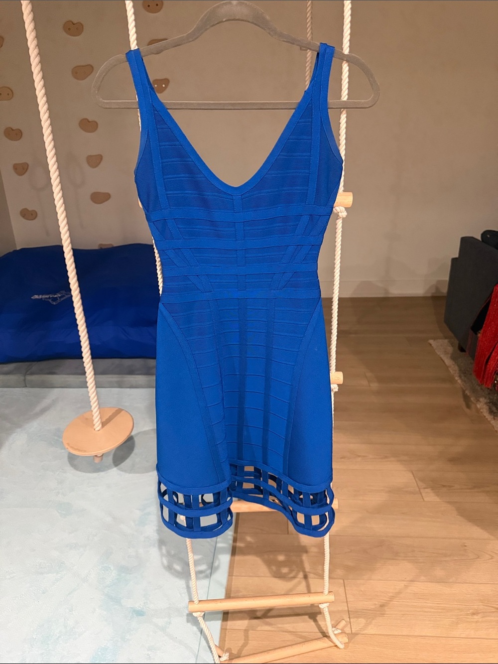Herve Leger Electric Blue Sleeveless V-Neck Mini Dress